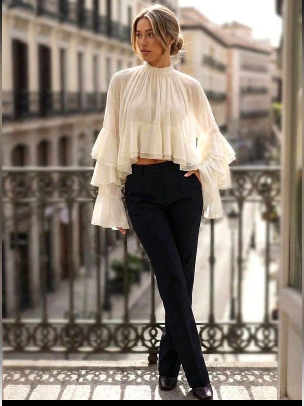 Luxury White Chiffon Ruffle Sleeve Blouse - Elegant High Collar Top
